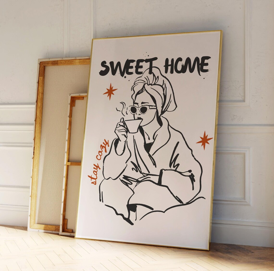 Sweet Home Stay Cozy Woman with Coffee Modern Line Art Fashion Poster