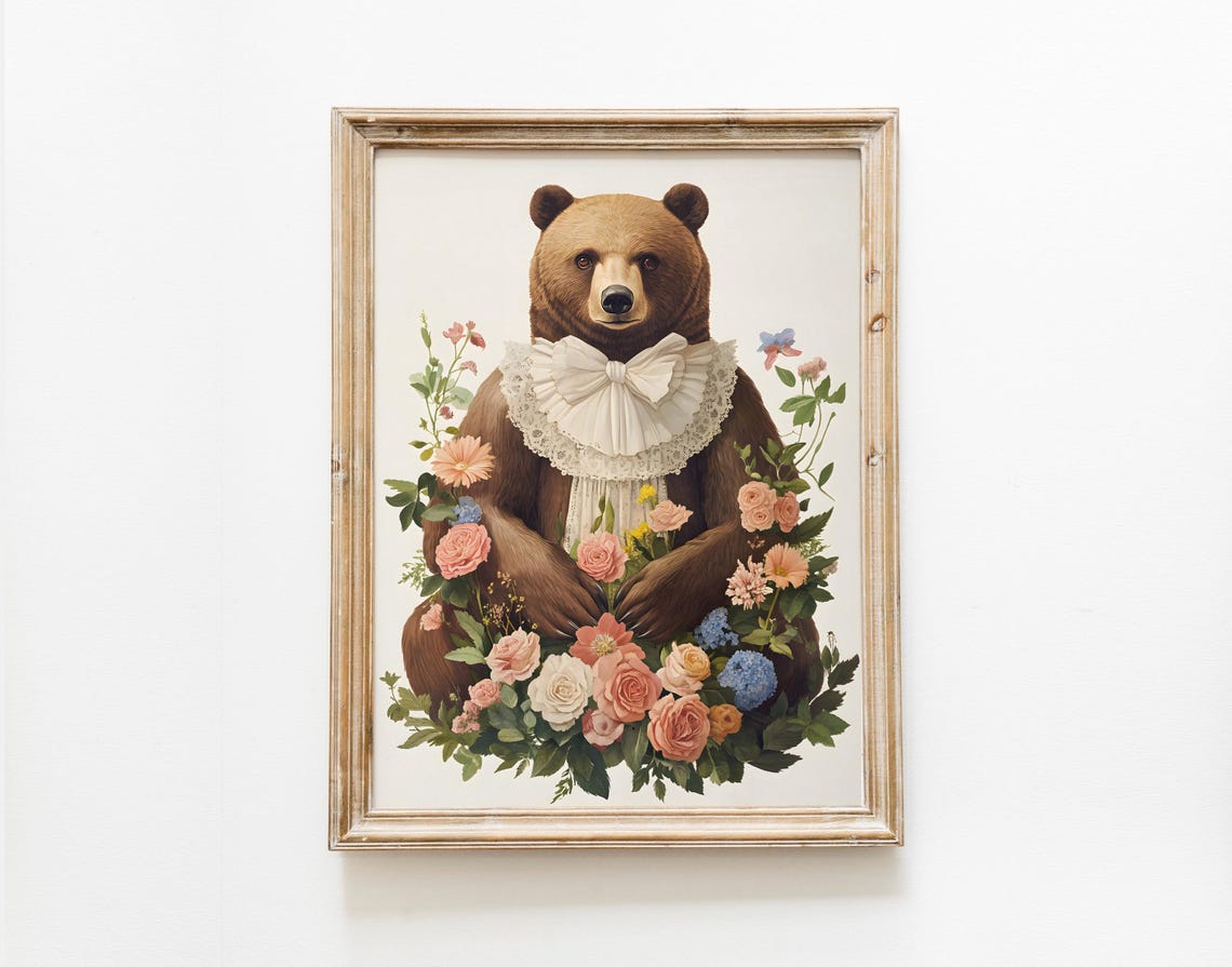 Vintage Bear With Flowers Print Midcentury Nursery Art