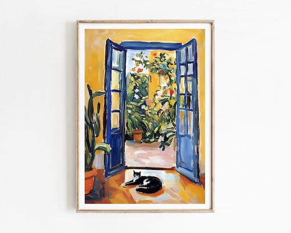 Matisse Style Black Cat Open Blue Doors Garden Floral Painting Print