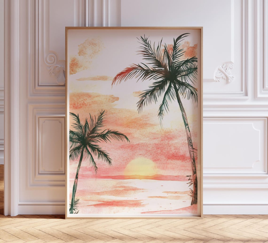 Pink Peach Sunset Palm Trees Dreamy Watercolor Tropical Beach Poster