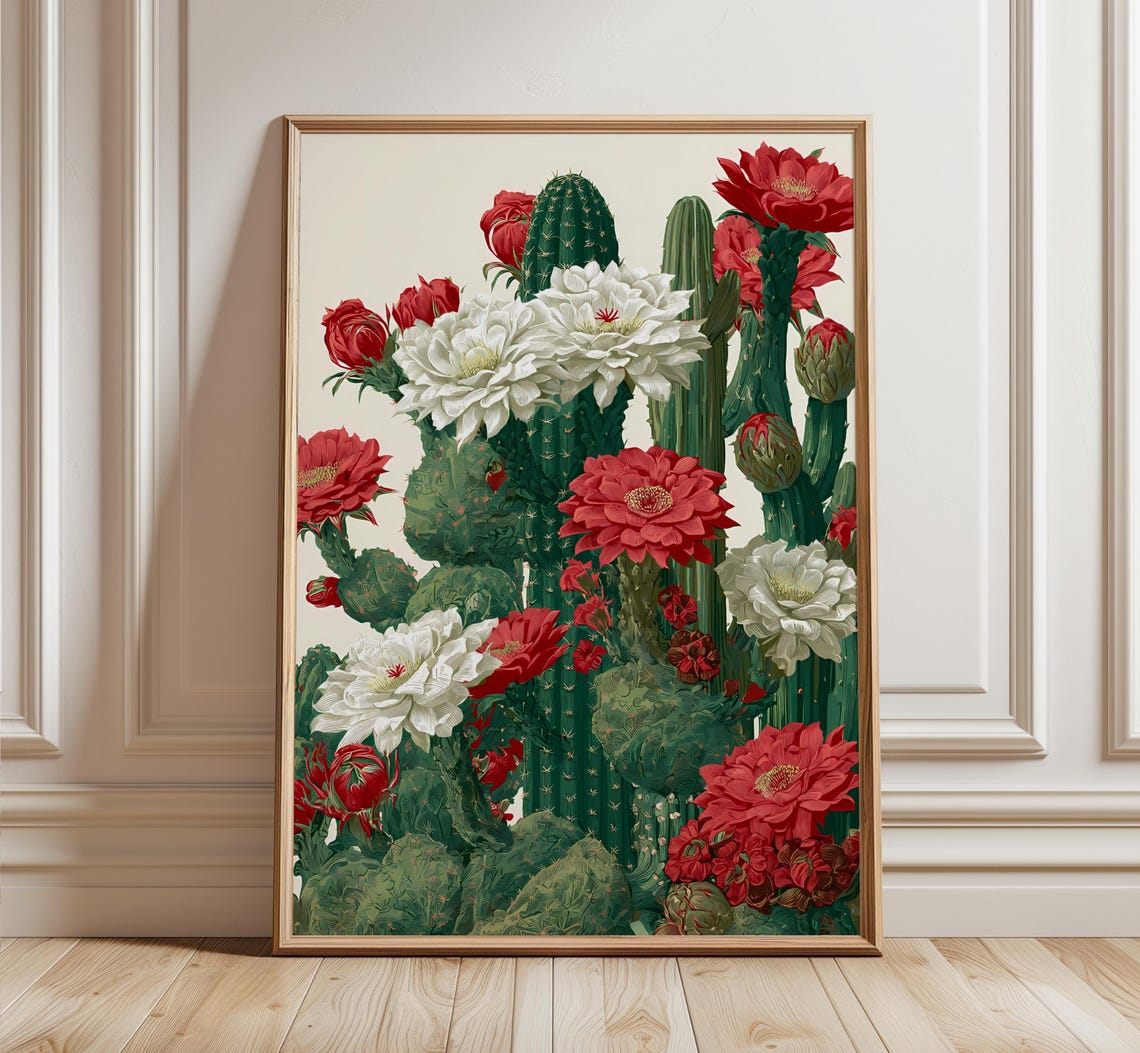 Blooming Cactus With Bold Red and White Flowers Botanical Art Poster