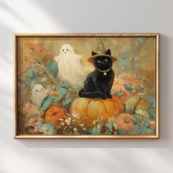 Halloween Cat Wall Art Black Print Witch Hat Pumpkin Painting Artwork Autumn Spooky Decor Vintage Style