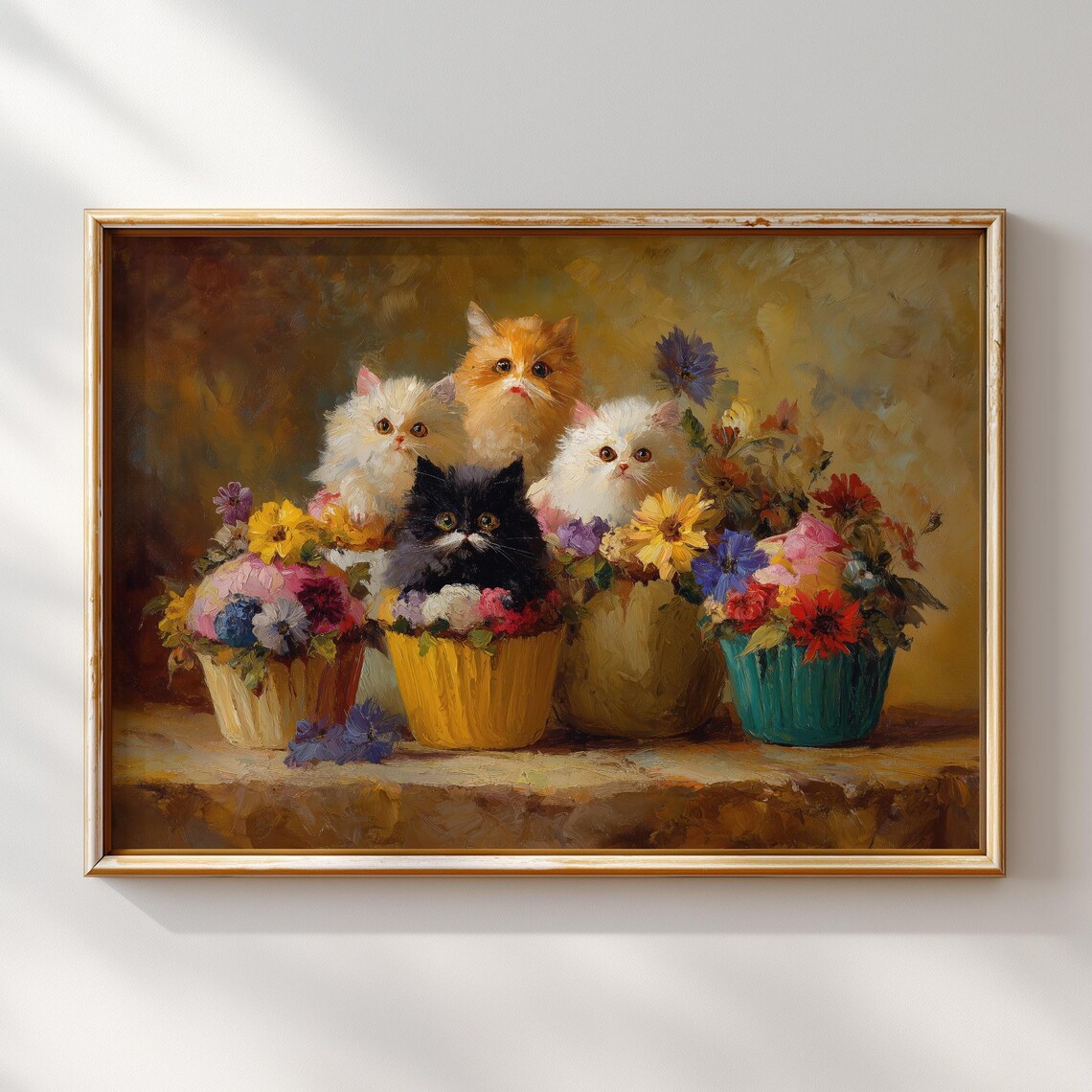 Kittens In Flower Baskets Vintage Oil Painting Cute Cats Floral Poster