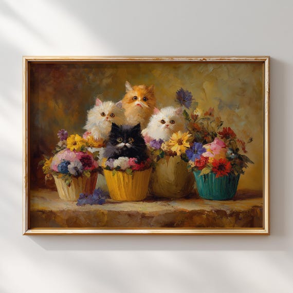 Kittens In Flower Baskets Painting Cute Cat Artwork Vintage Pet Wall Poster Whimsical Nursery Print Colorful Floral Decor