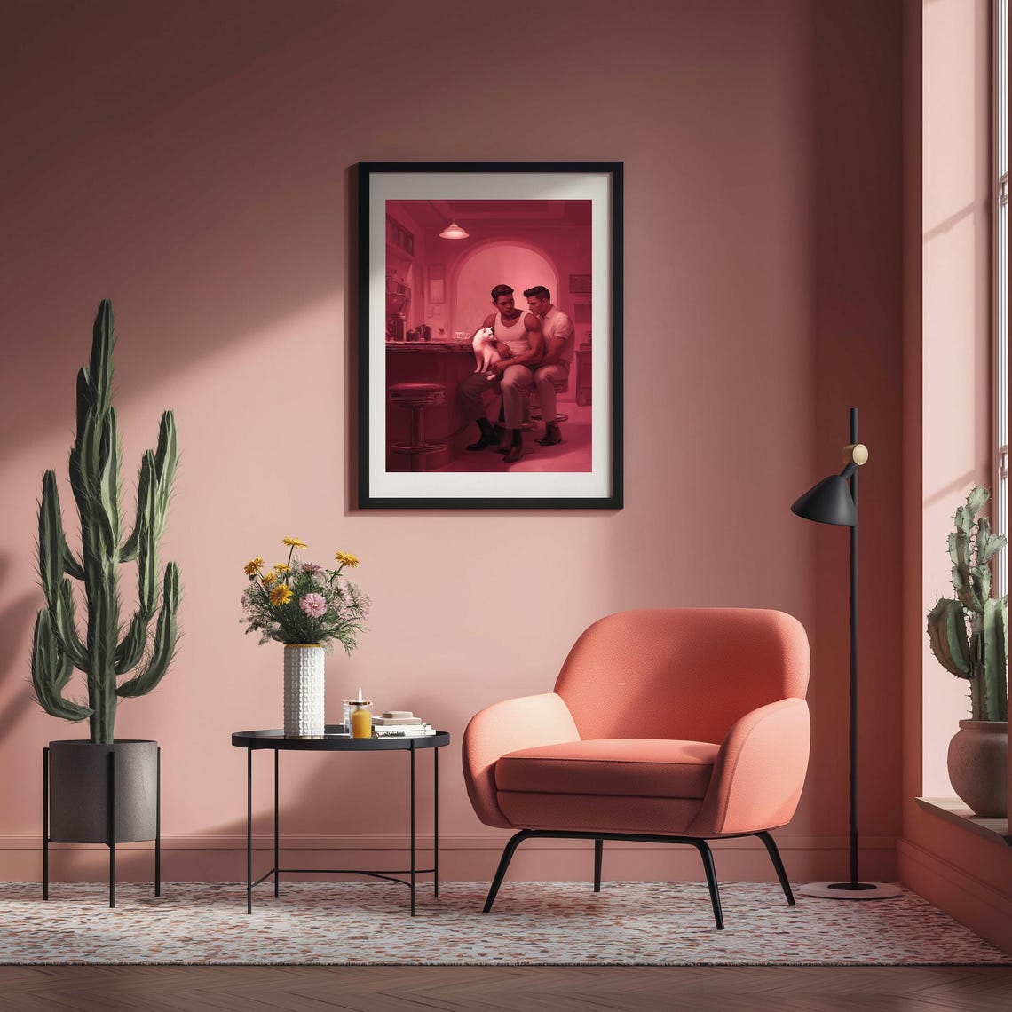 Two Men With Cat Pink Duotone Romantic Queer Style Art Poster