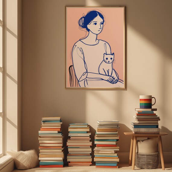 Minimalist Line Art Woman With Cat Boho Scandinavian Wall Poster