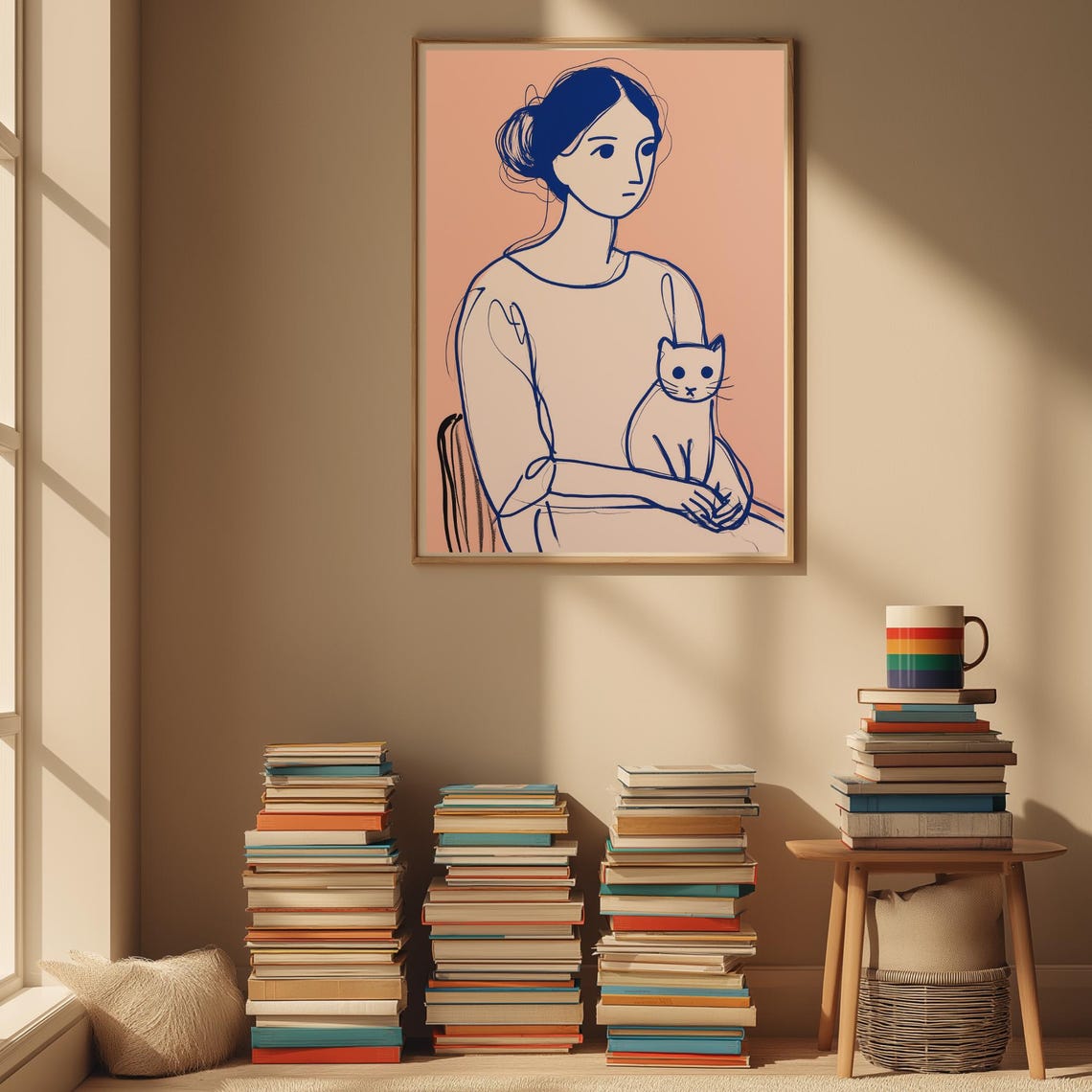 Minimalist Line Art Woman With Cat Boho Scandinavian Wall Poster
