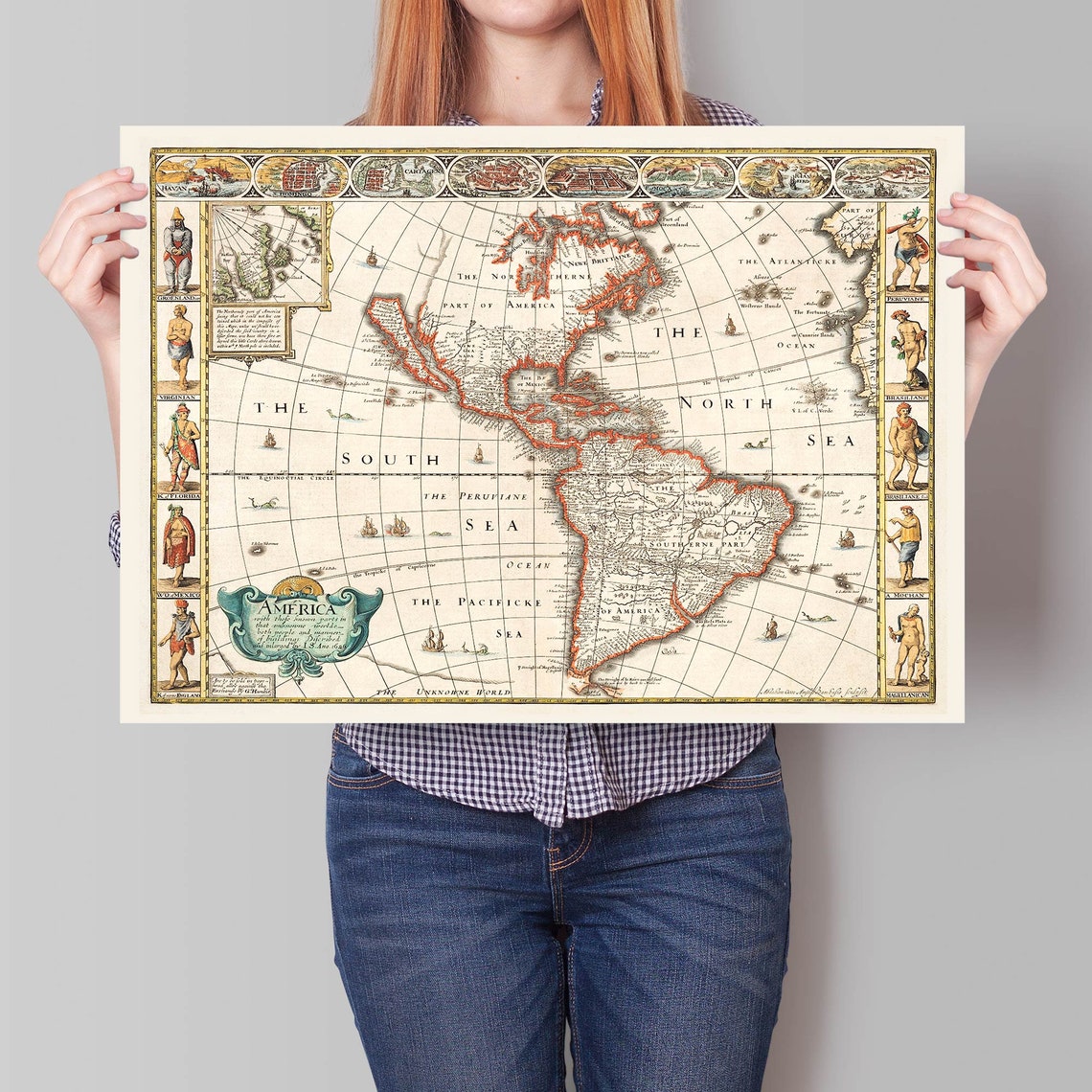 Large Vintage America Map Print John Speed Antique Map Usa Map Retro Educational Poster - Image 2