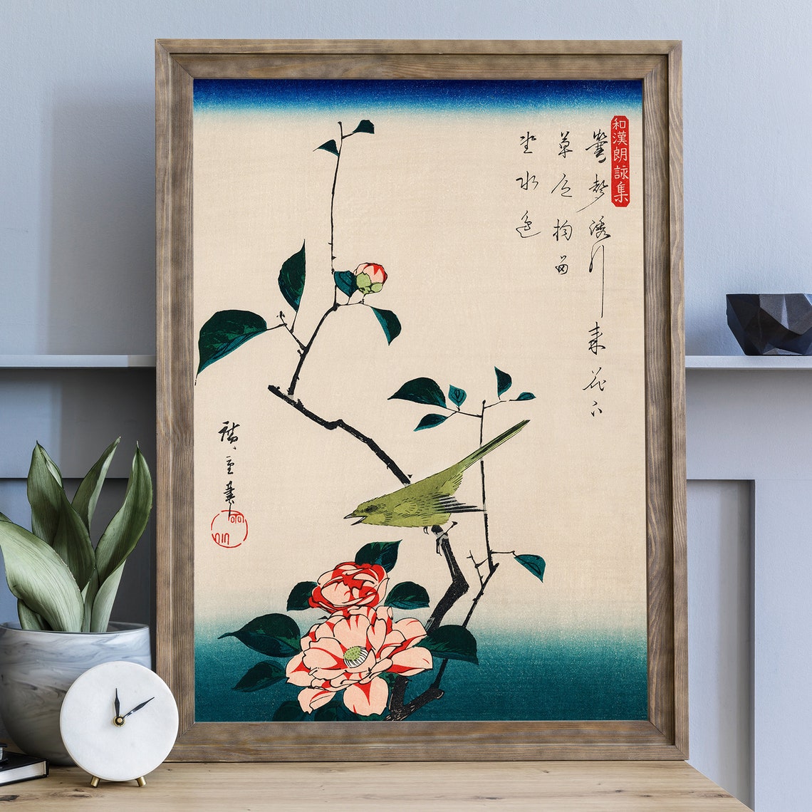 Hiroshige Green Bird On Striped Camellia Blossom Woodblock Poster - Image 4