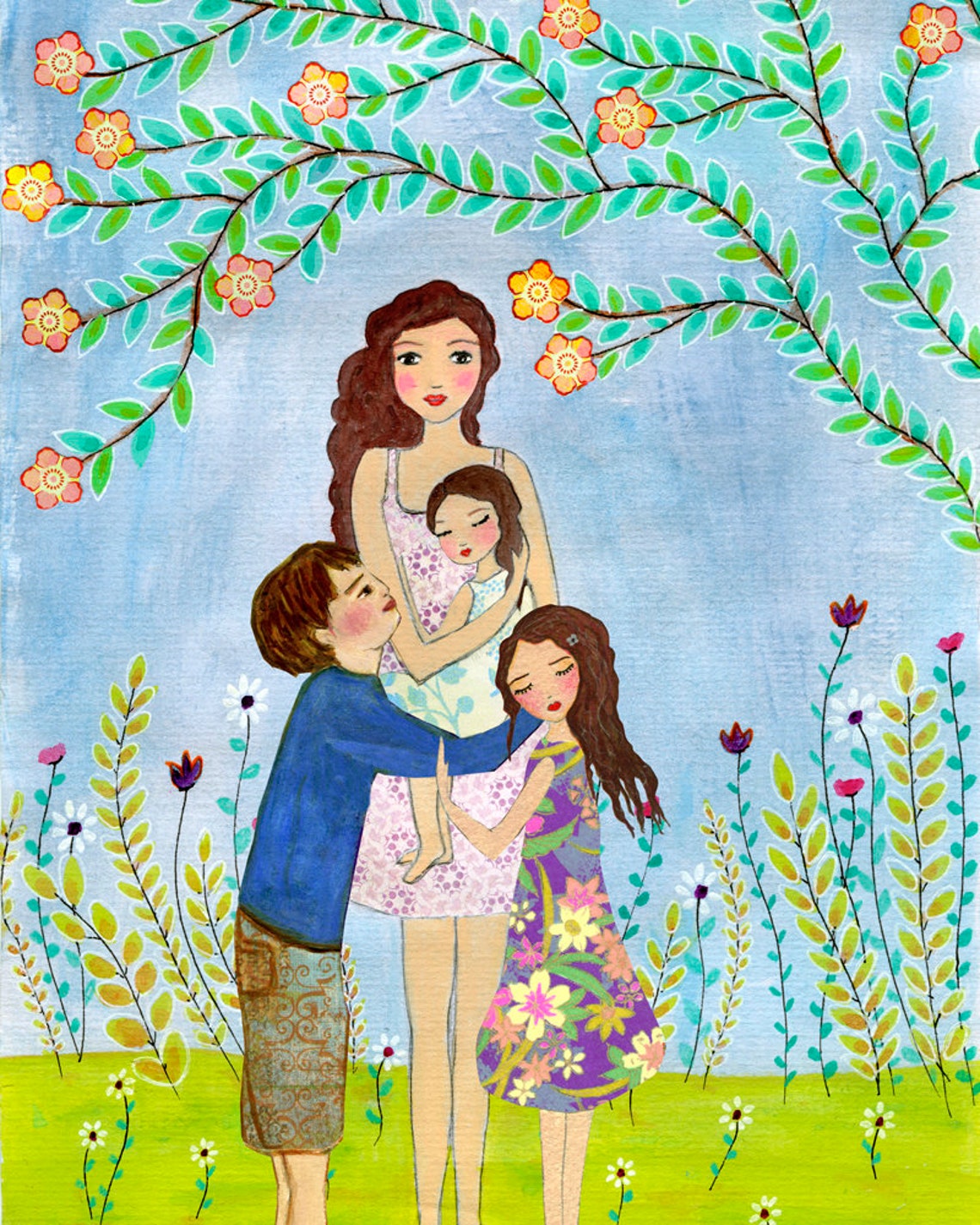 Mother Hugging Son And Two Daughters Under Blossom Arch Art Poster