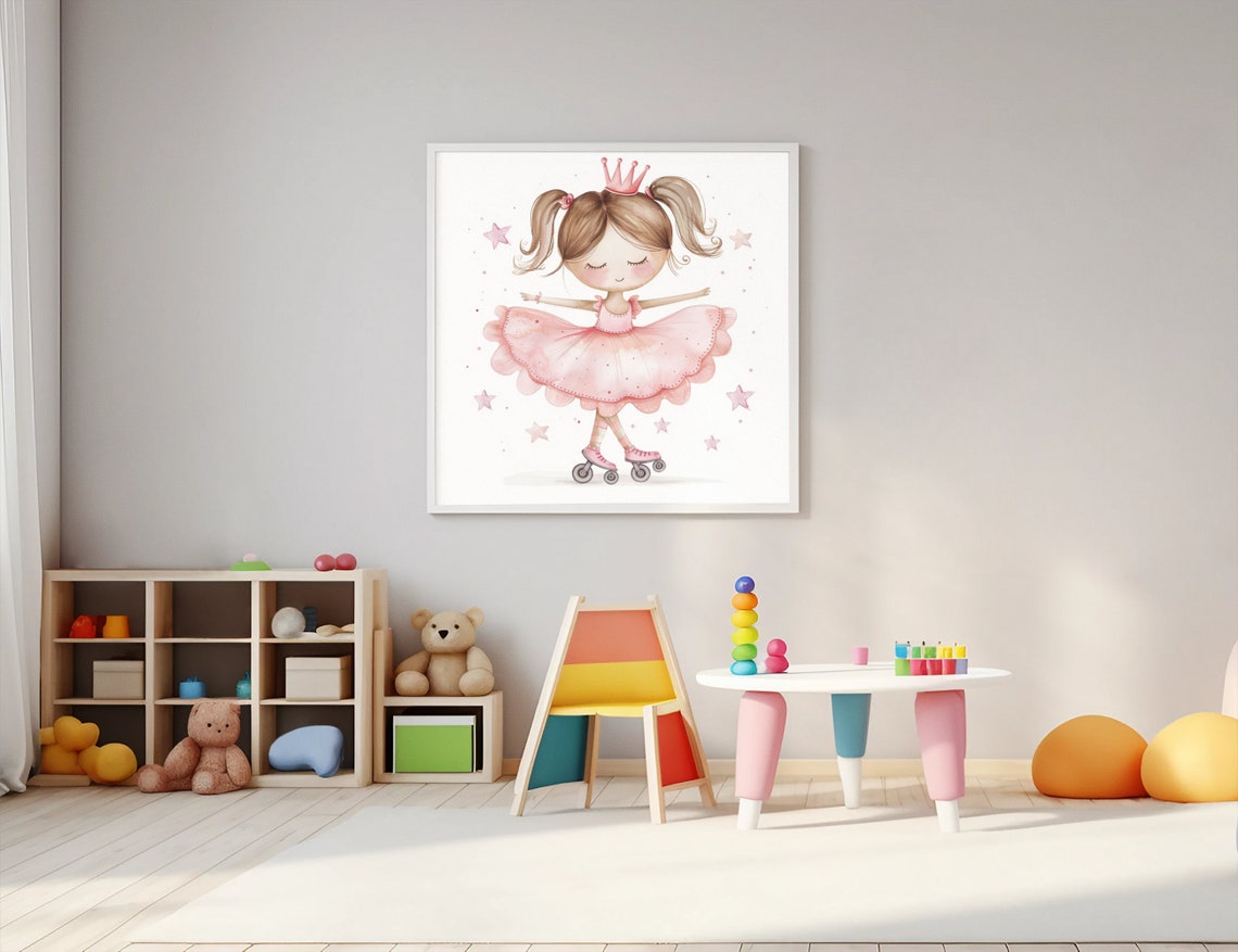Little Princess on Pink Roller Skates in Tutu Watercolor Poster - Image 2