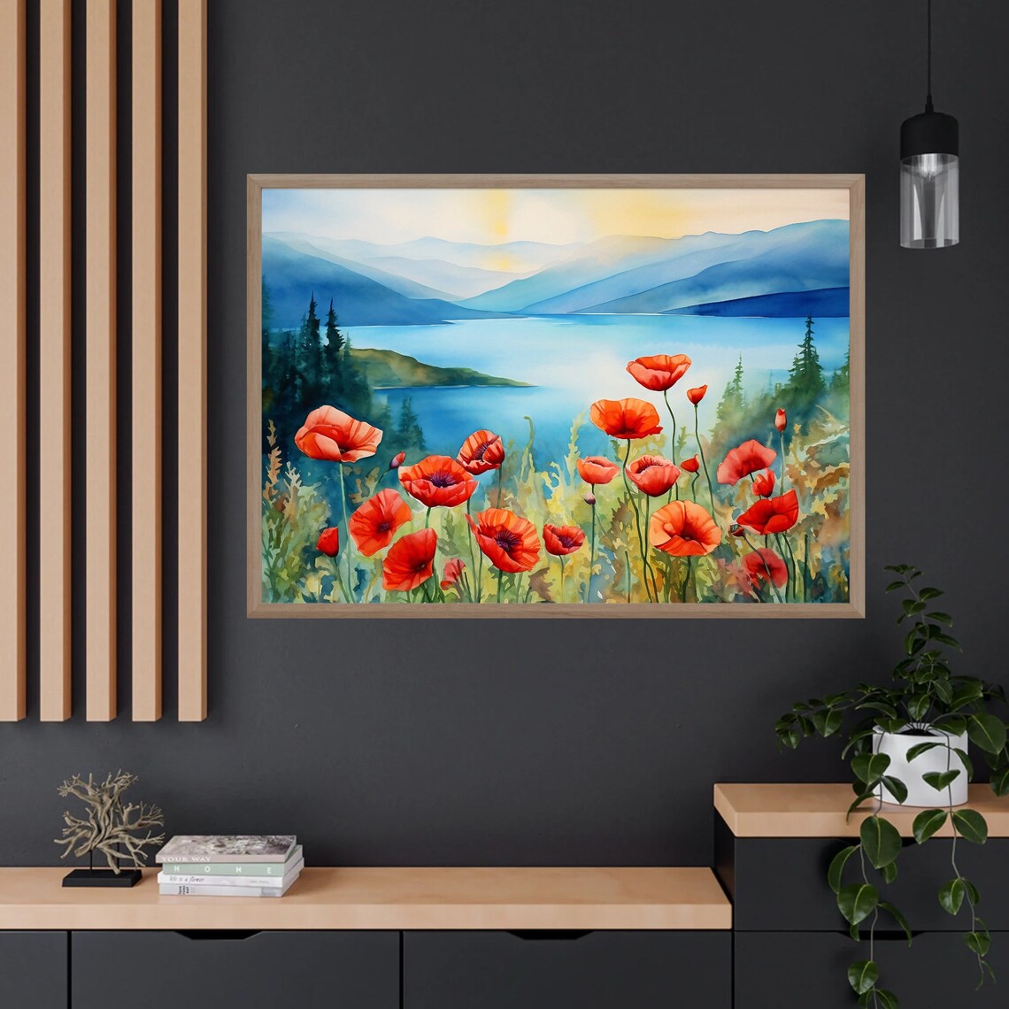 Red Poppies By Blue Lake Layered Mountains Sunrise Watercolor Poster - Image 5