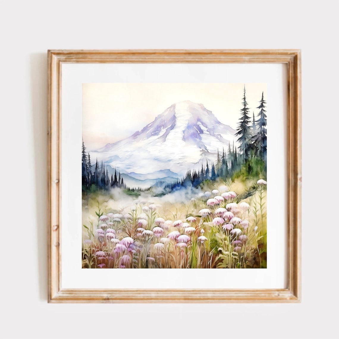 Mount Rainier Snow Peak Pink Wildflower Meadow Watercolor Poster - Image 4
