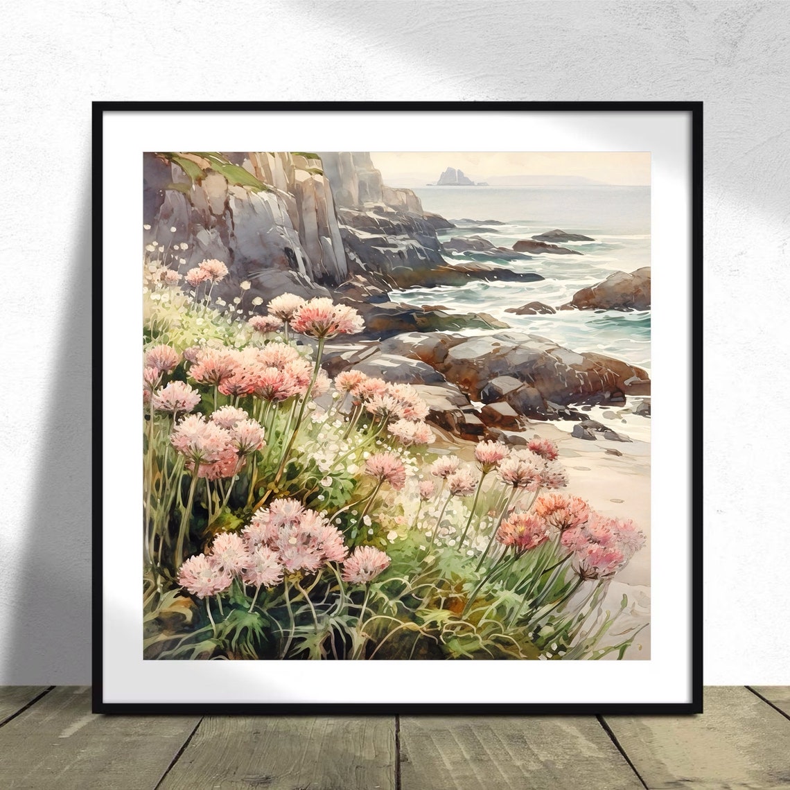 Pink Coastal Wildflowers Rocky Cliffs Ocean Watercolor Wall Art - Image 3