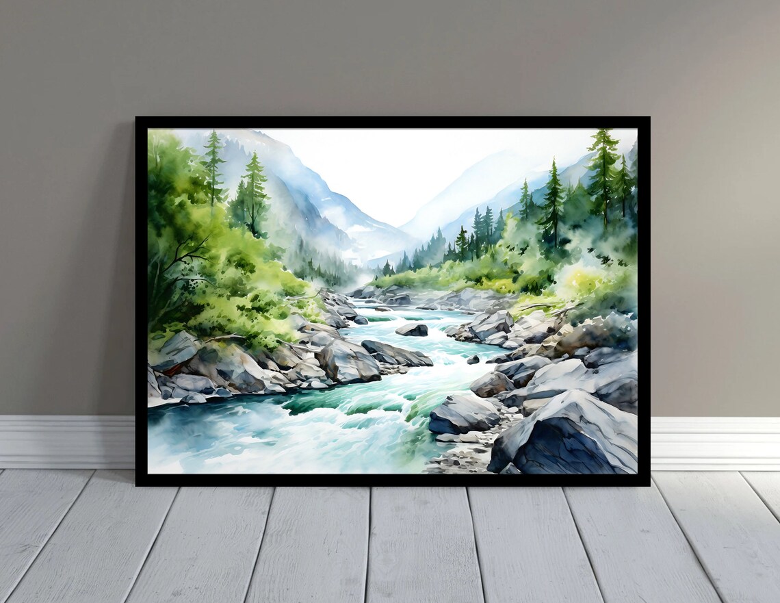 Mountain River Watercolor Landscape, Minimalist Art Print - Image 2