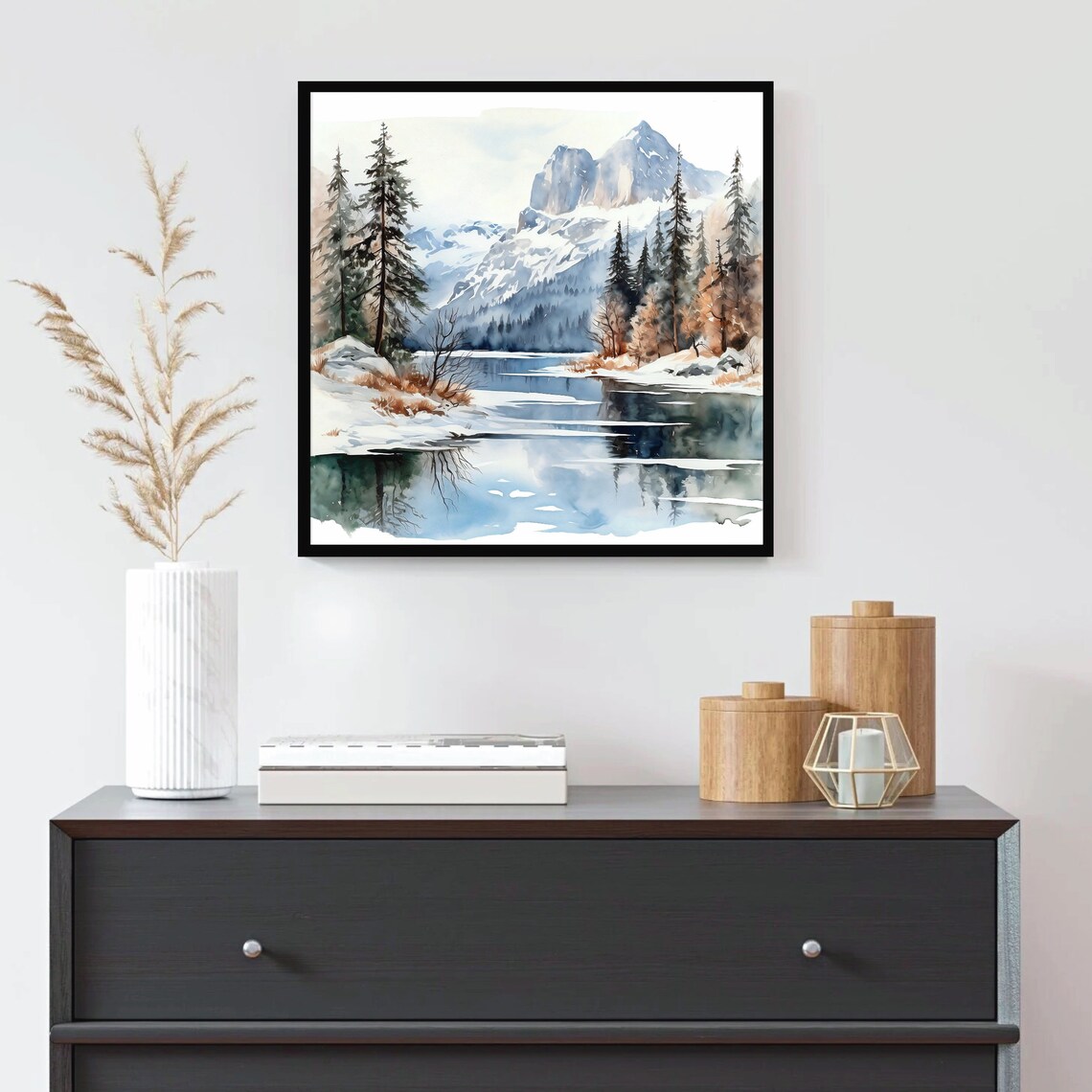 Snowy Peaks Frozen Lake Pine Trees Winter Reflection Watercolor Poster - Image 4