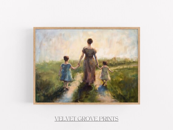 Tender Mother Holding Childrens Hands Walking Meadow Family Poster