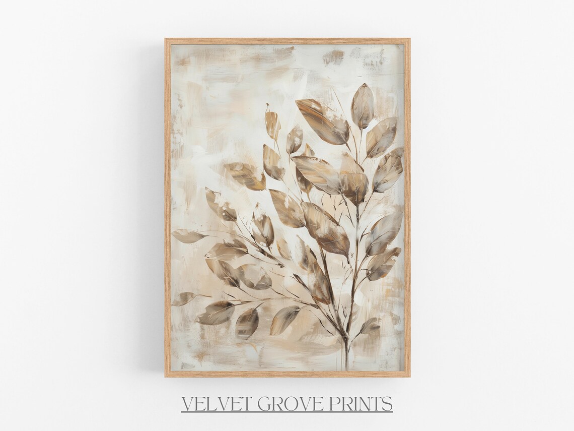 Vintage Style Neutral Beige Botanical Leaves Oil Painting Art Print