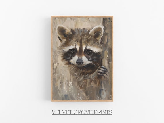 Baby Raccoon Oil Painting Vintage Nursery Art Print