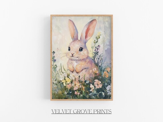 Cute Bunny In Wildflower Field Pastel Spring Oil Painting Print