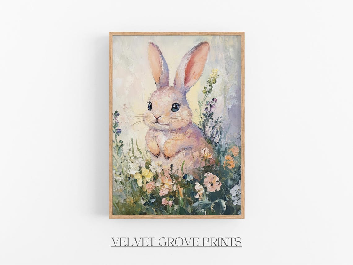 Cute Bunny In Wildflower Field Pastel Spring Oil Painting Print