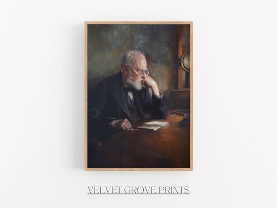Elderly Gentleman Reading In His Study Vintage Oil Portrait Print