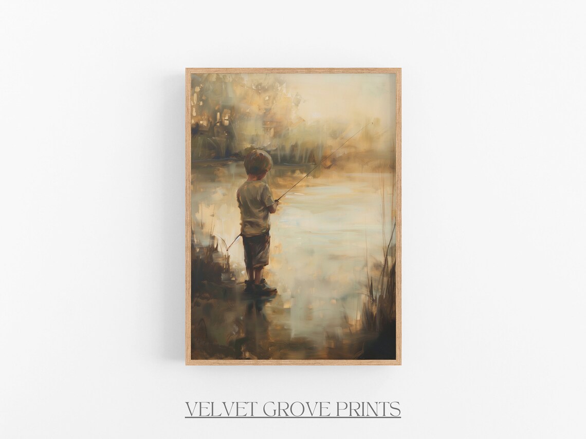Little Boy Fishing at the Lake Golden Hour Rustic Oil Painting Poster