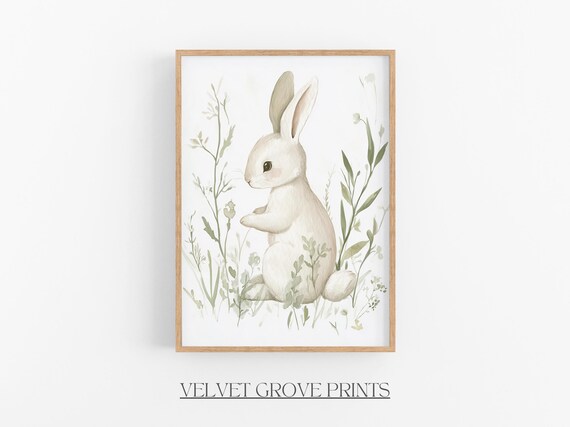 Watercolor Bunny Among Sage Botanicals Neutral Nursery Wall Print