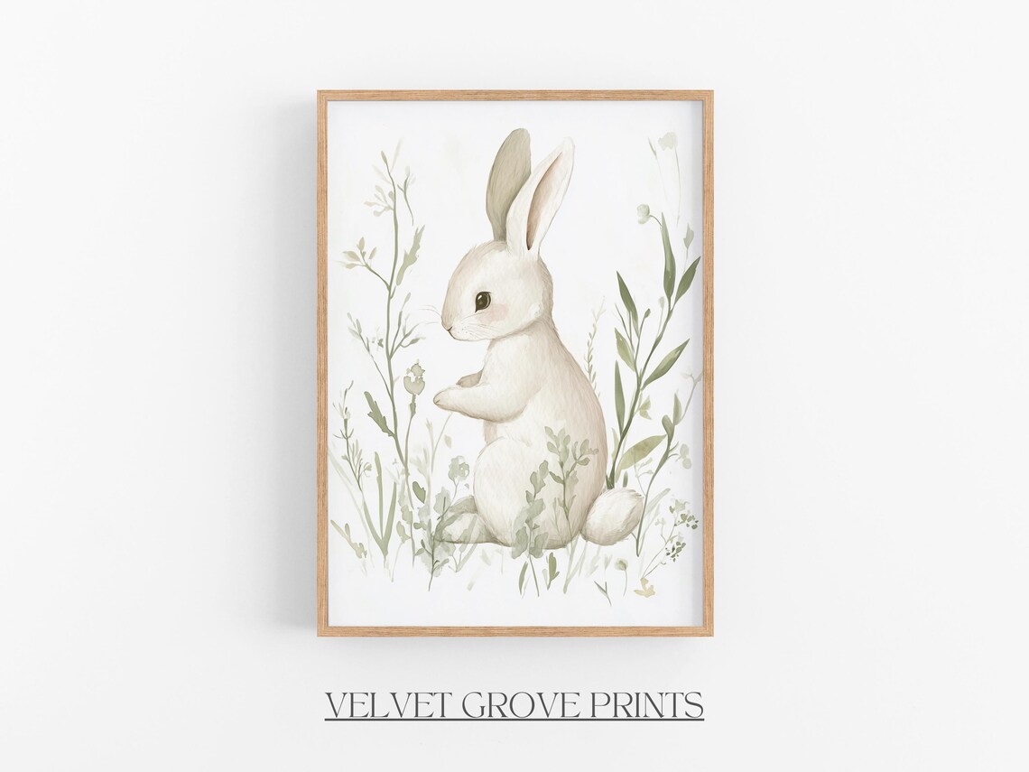 Watercolor Bunny Among Sage Botanicals Neutral Nursery Wall Print