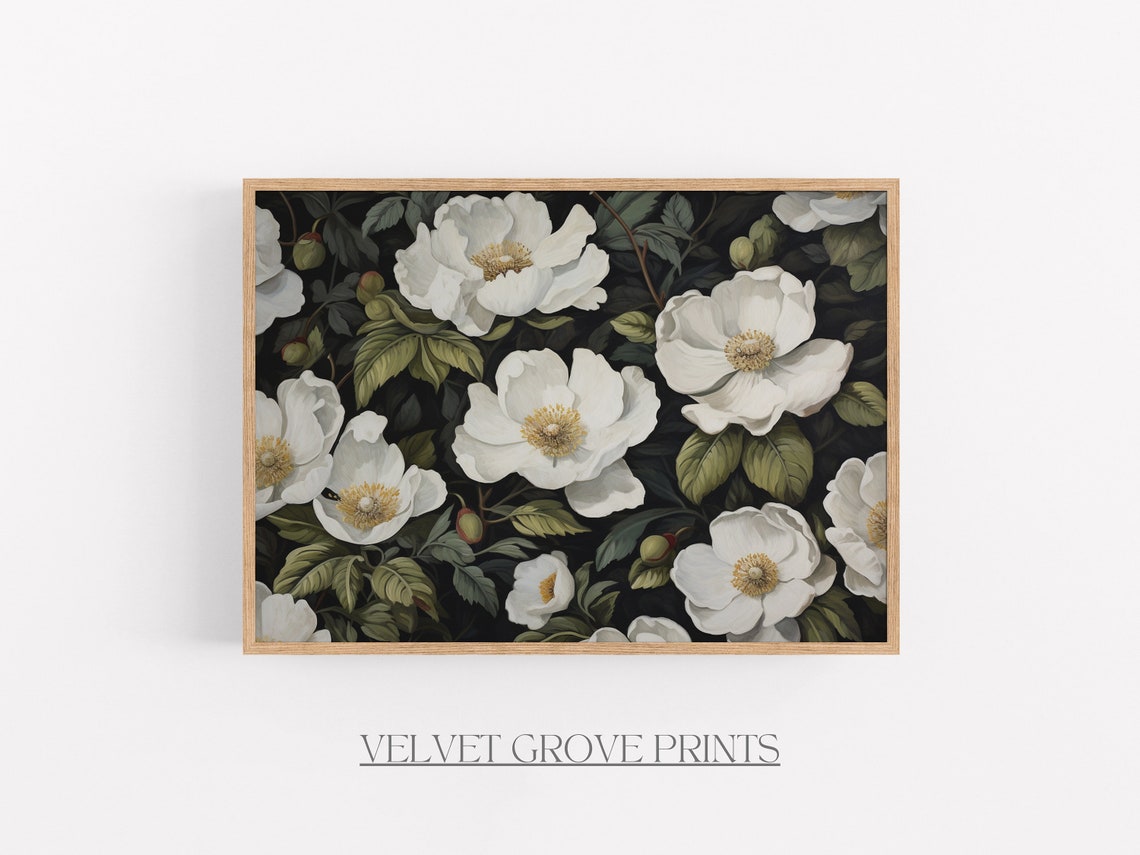 Blooming White Wild Roses Moody Botanical Floral Oil Painting Poster