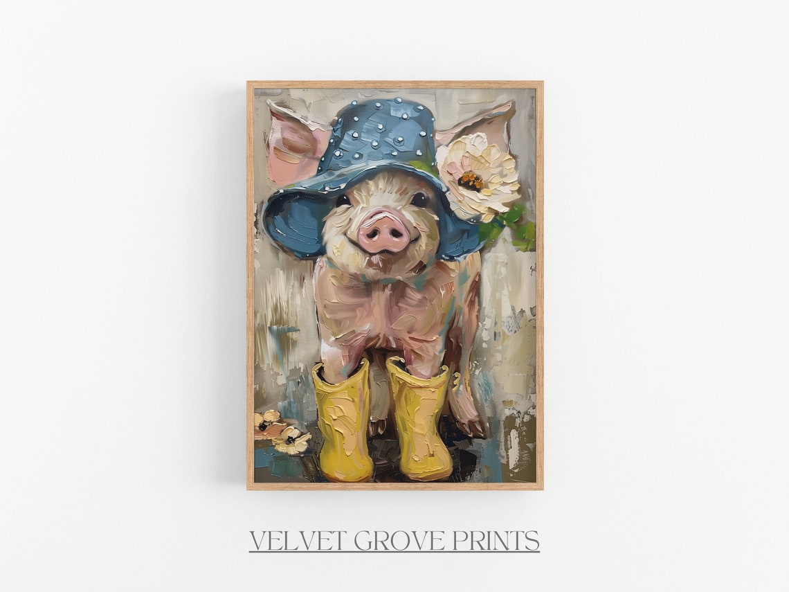 Cute Piglet In Yellow Rain Boots Vintage Farmhouse Nursery Poster