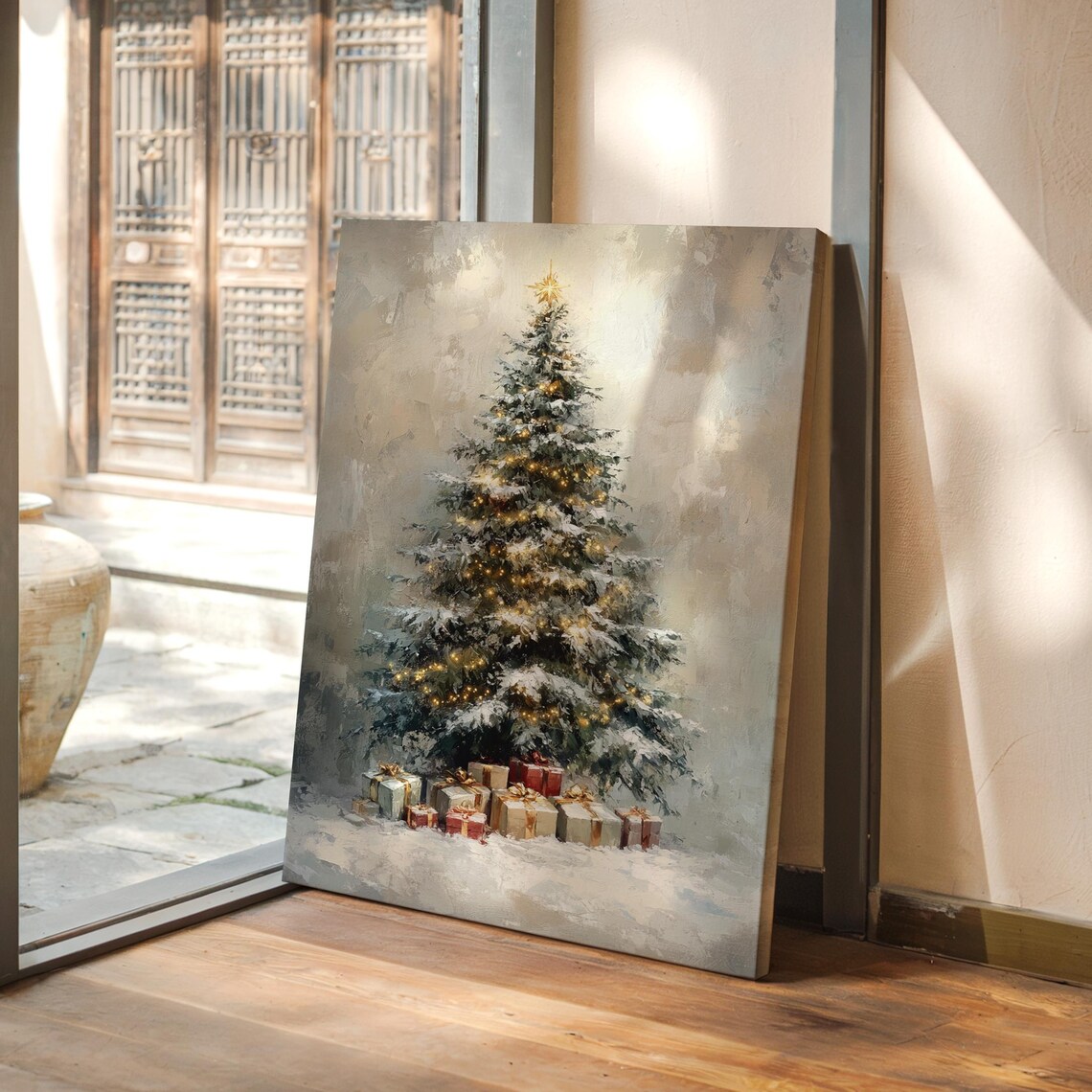 Snow Covered Christmas Tree With Glowing Lights And Gifts Art Poster