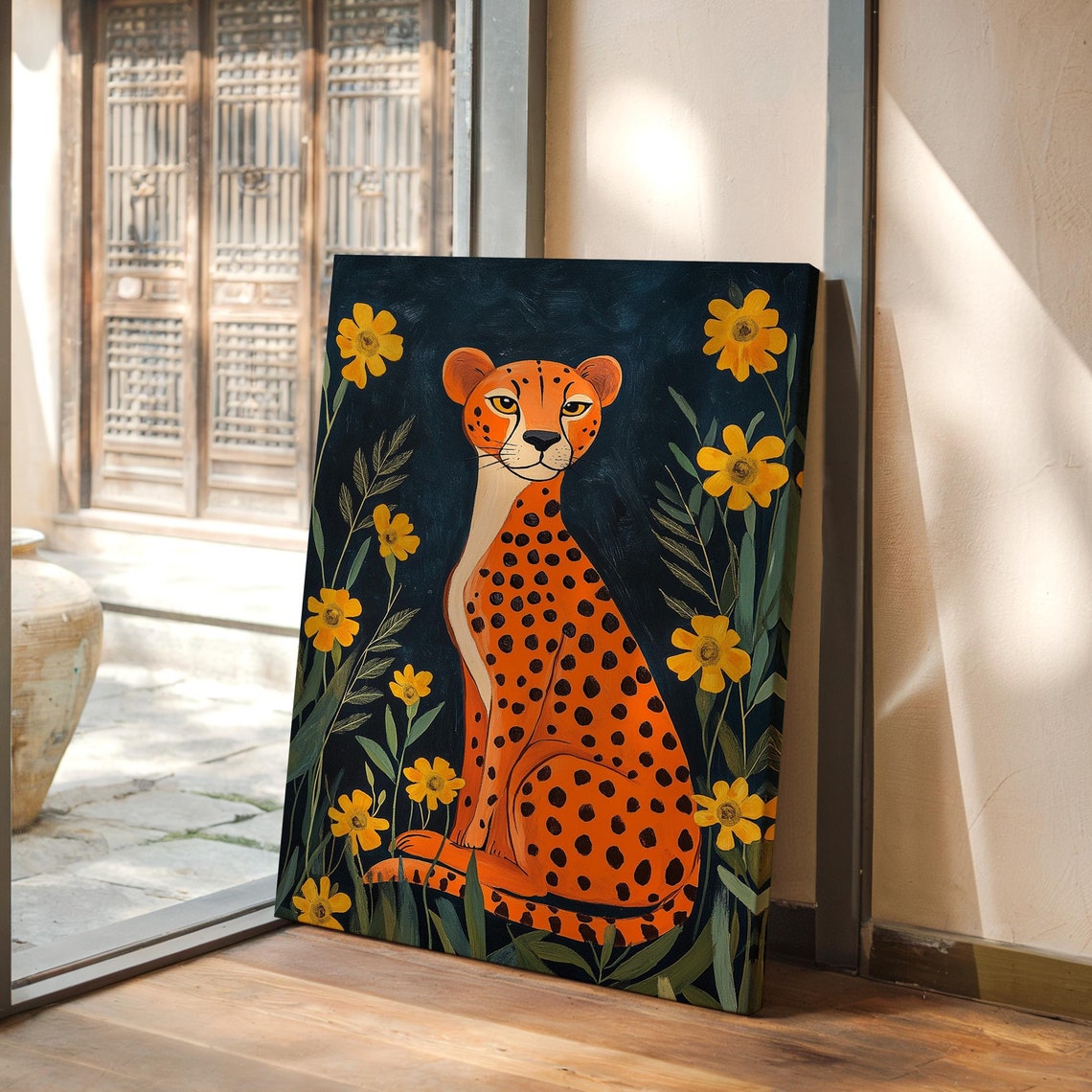 Vibrant Cheetah Art Print With Yellow Flowers Bold Jungle Inspired Wall Decor