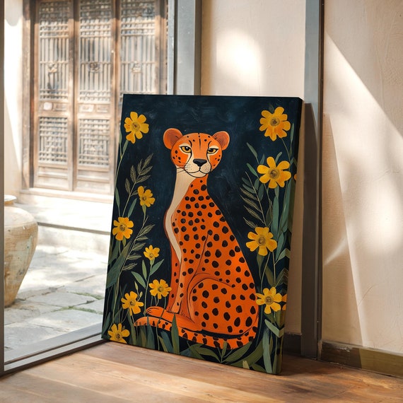Vibrant Cheetah Art Print With Yellow Flowers Bold Jungle Inspired Wall Decor