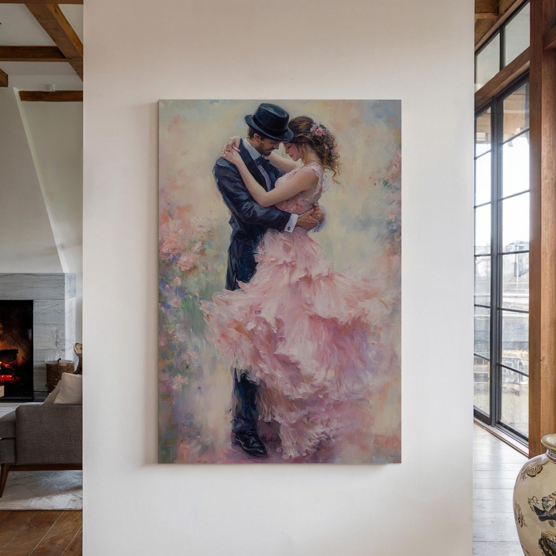Couple Embracing Dance Flowing Pink Gown Romantic Oil Art Print