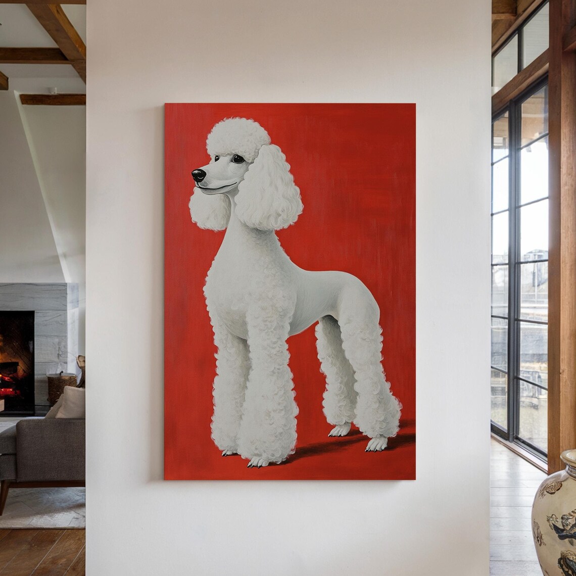 Elegant White Poodle Portrait Red Background Dog Wall Art Print