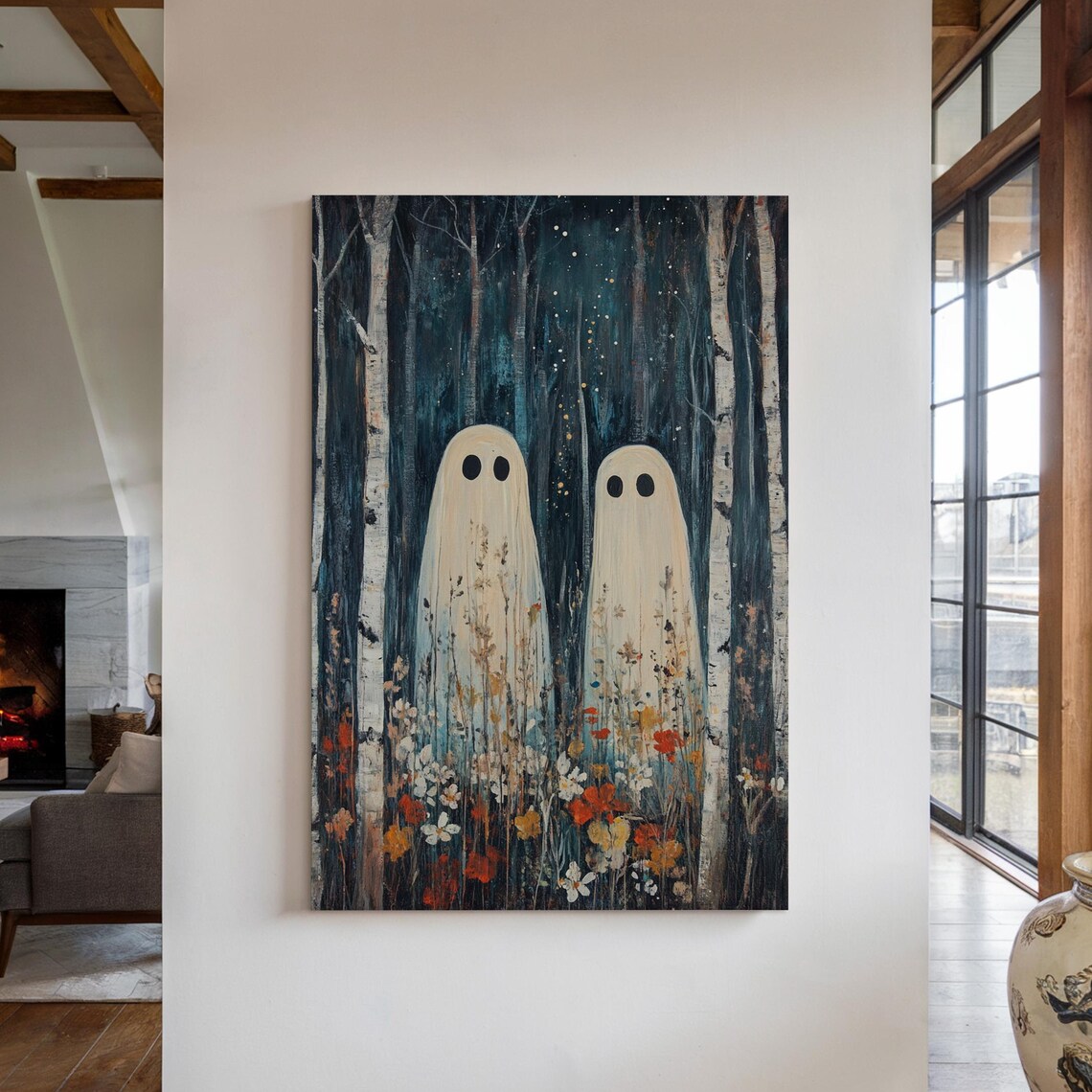 Whimsical Ghosts in Birch Forest Autumn Floral Halloween Wall Poster