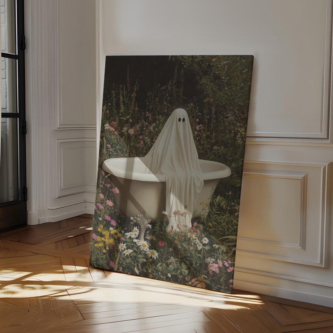 Whimsical Ghost Resting On Bathtub Cottagecore Floral Art Print