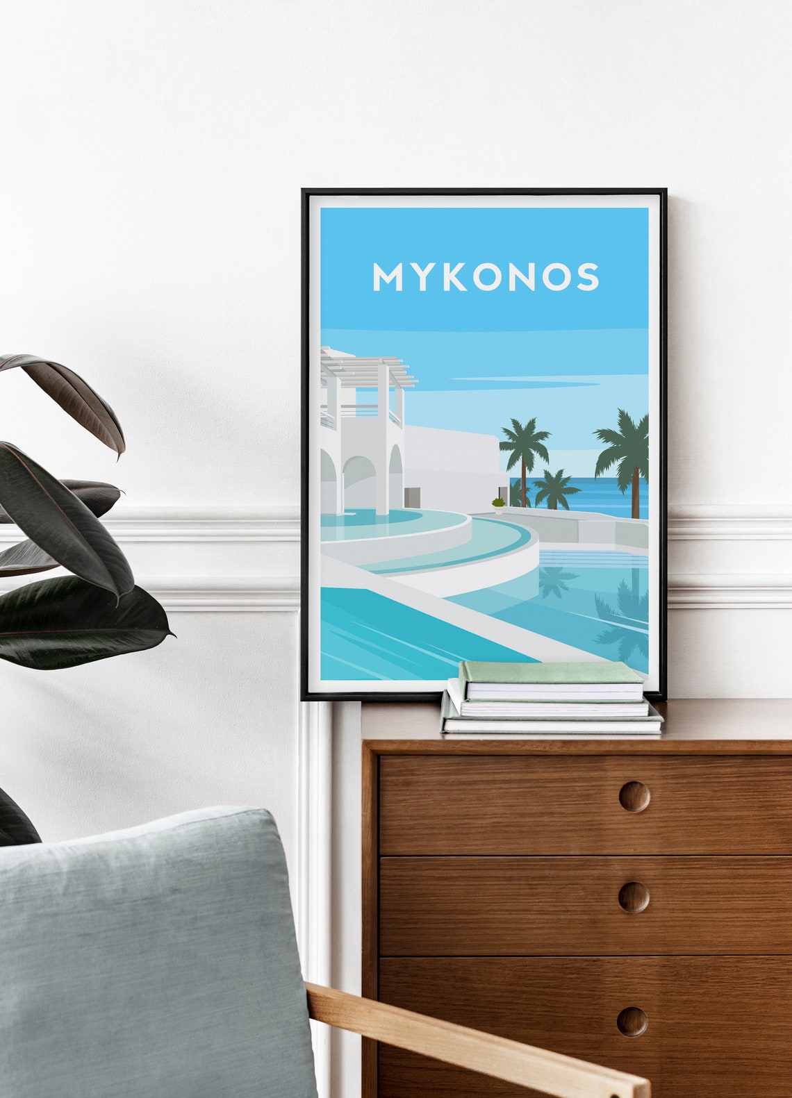 Mykonos Greece Resort Pool Palm Trees Illustrated Travel Poster