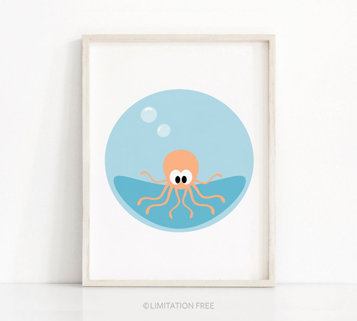 Cute Orange Octopus Under The Sea Nursery Wall Poster Kids Ocean Decor