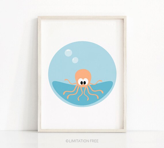 Childrens Wall Art Print Under The Sea Nursery Art Octopus Art Blue Orange Nursery Decor Ocean Kids Wall Art Ocean Nursery