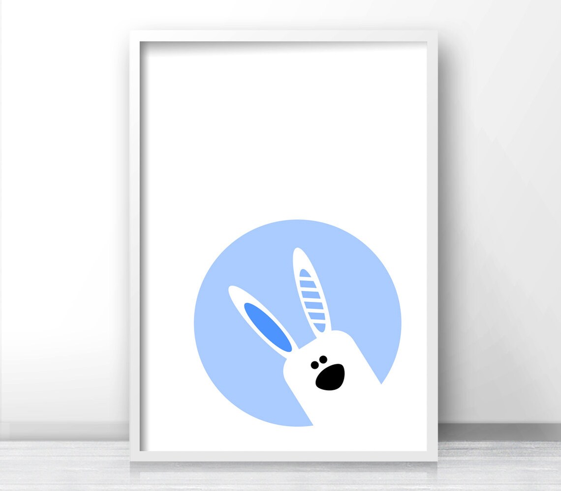 Cute Bunny Peeking Blue Circle Baby Nursery Wall Poster Kids Animal Decor - Image 4