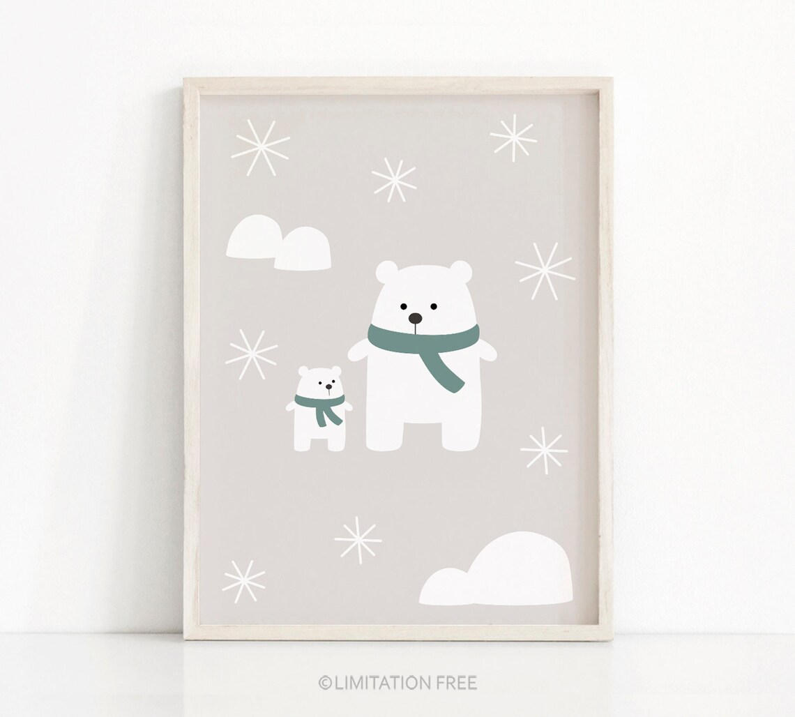 Cute Polar Bears With Teal Scarves In Snow Winter Nursery Wall Print