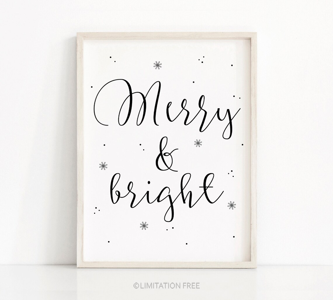 Merry And Bright Christmas Print, Black and White Art Print - Image 5