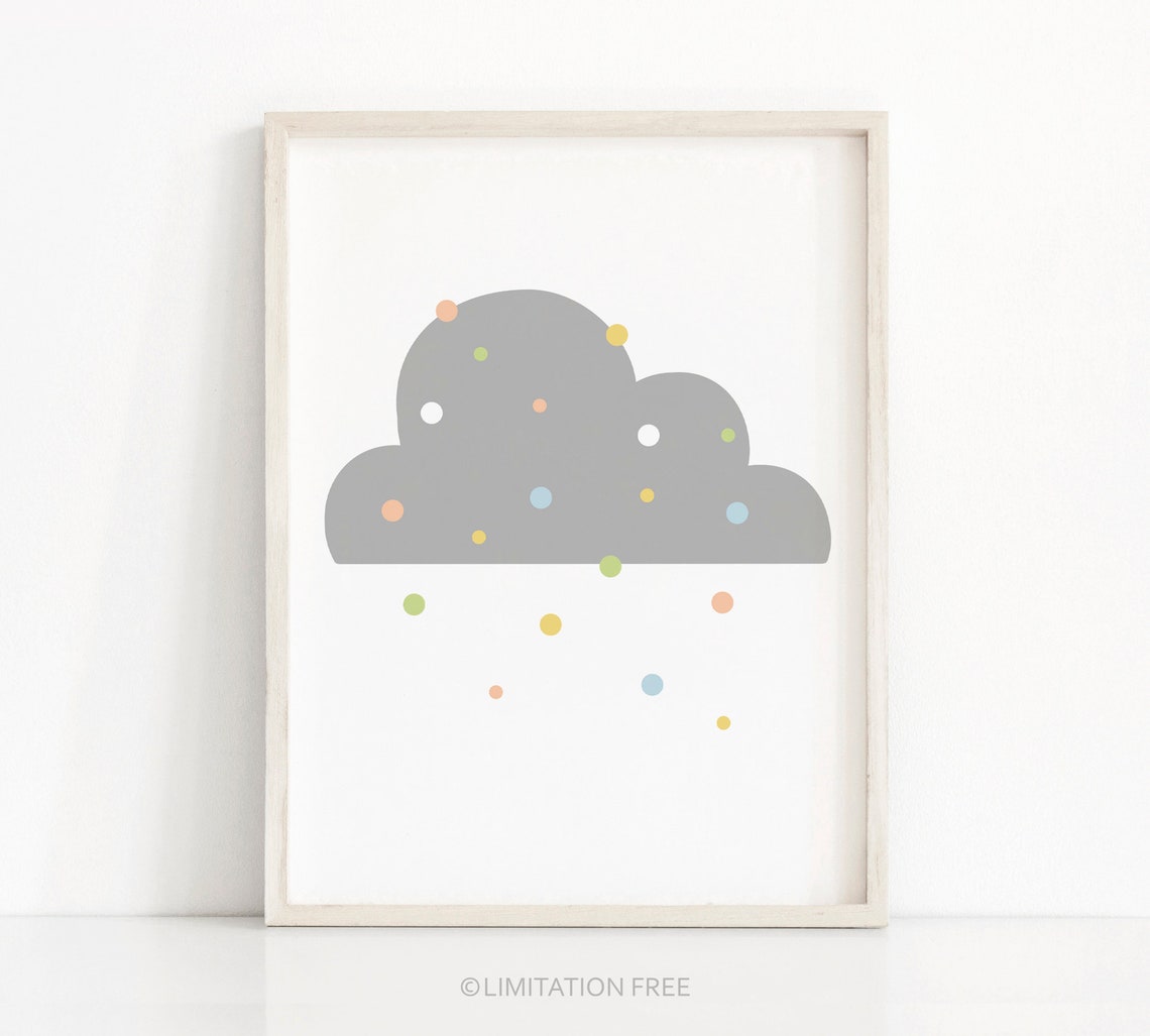 Grey Cloud Confetti Dots Nursery Print Neutral Kids Room Wall Art