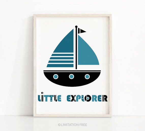 Little Explorer Sailboat Nautical Baby Nursery Wall Poster Boys Room Decor