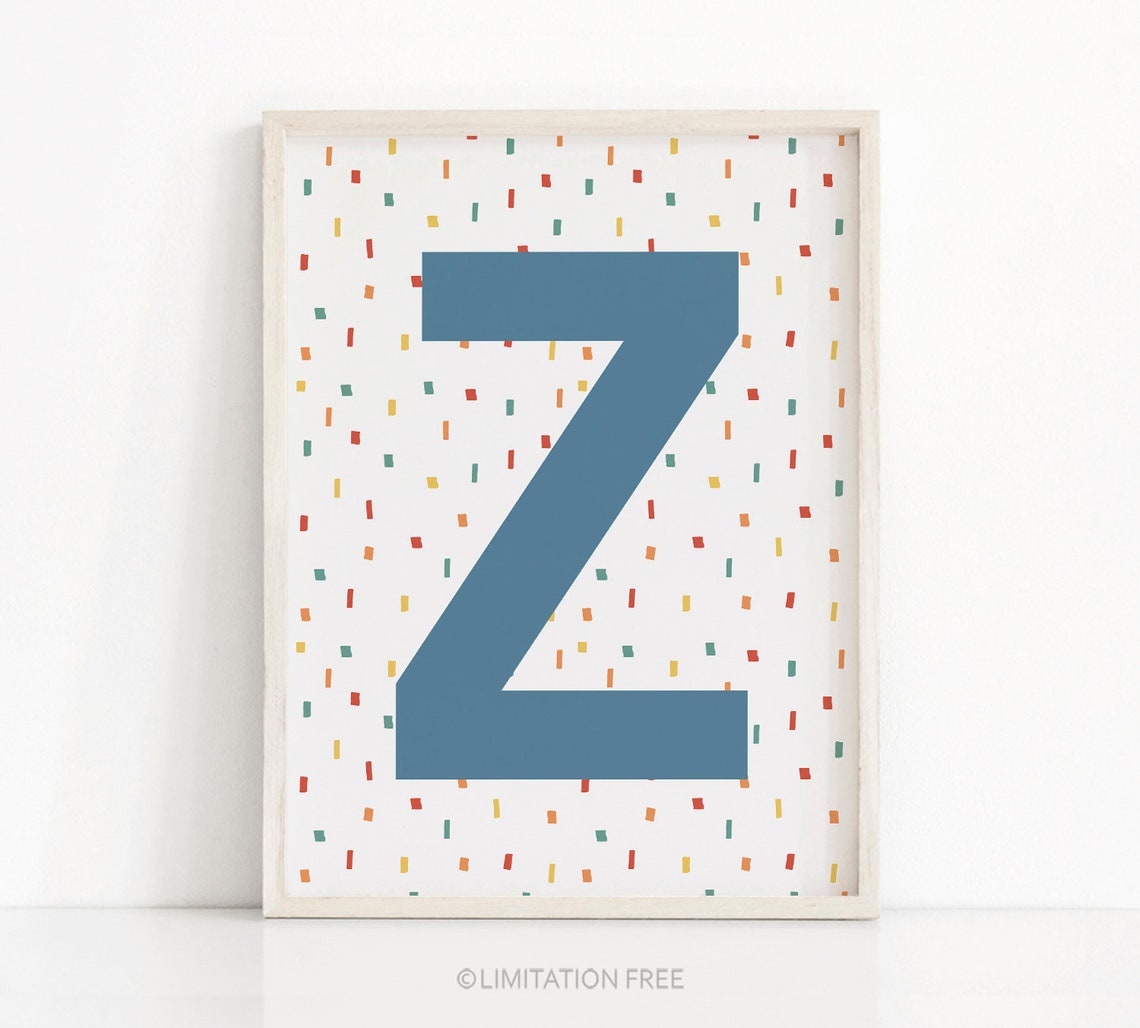 Letter Z Monogram Blue Confetti Nursery Print Kids Room Wall Art