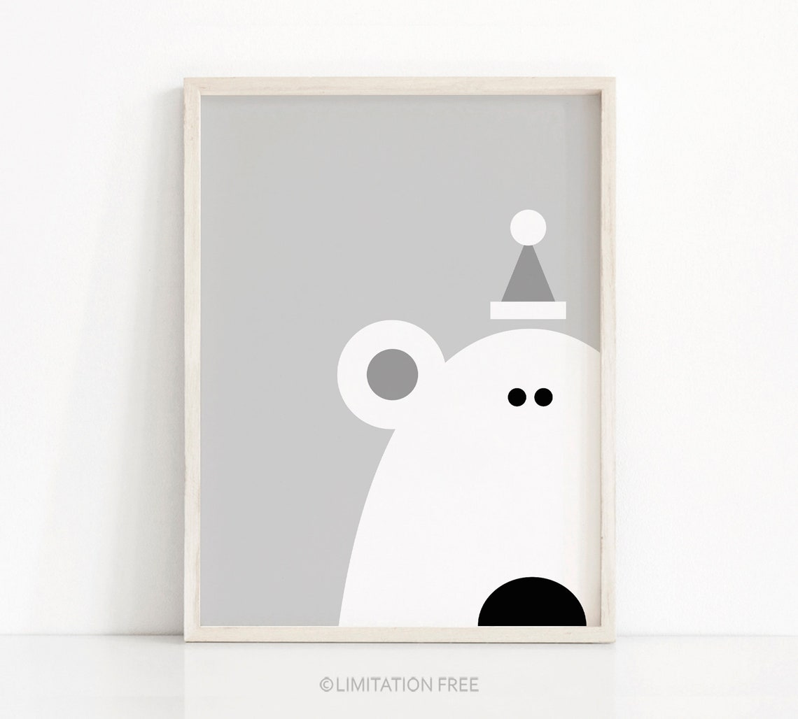 Minimalist White Polar Bear With Party Hat Gray Winter Nursery Print - Image 5