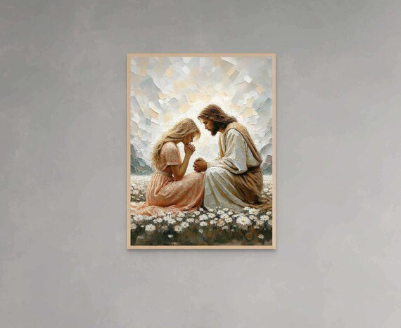 Jesus Praying with Girl in Daisy Field Soft Christian Art Poster