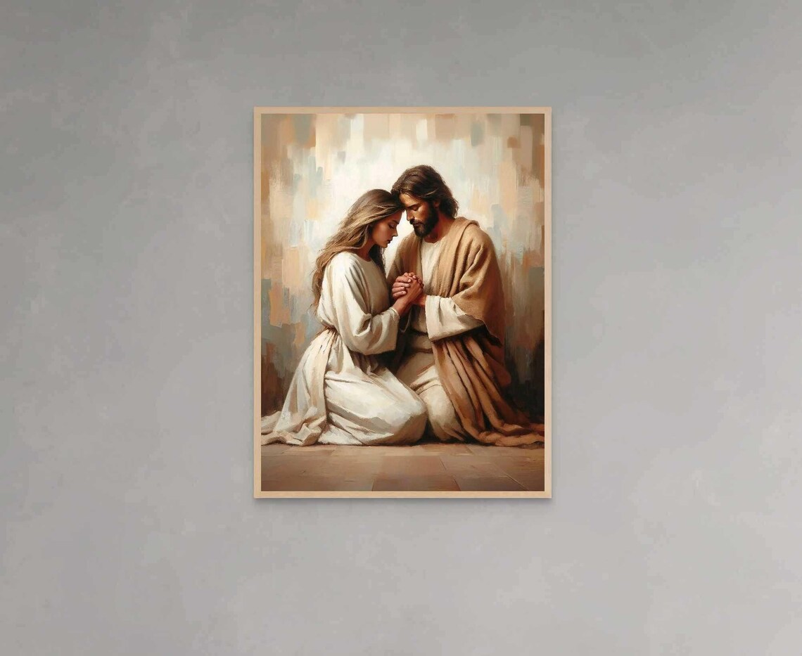Jesus Kneeling with Woman in Prayer Holding Hands Art Poster